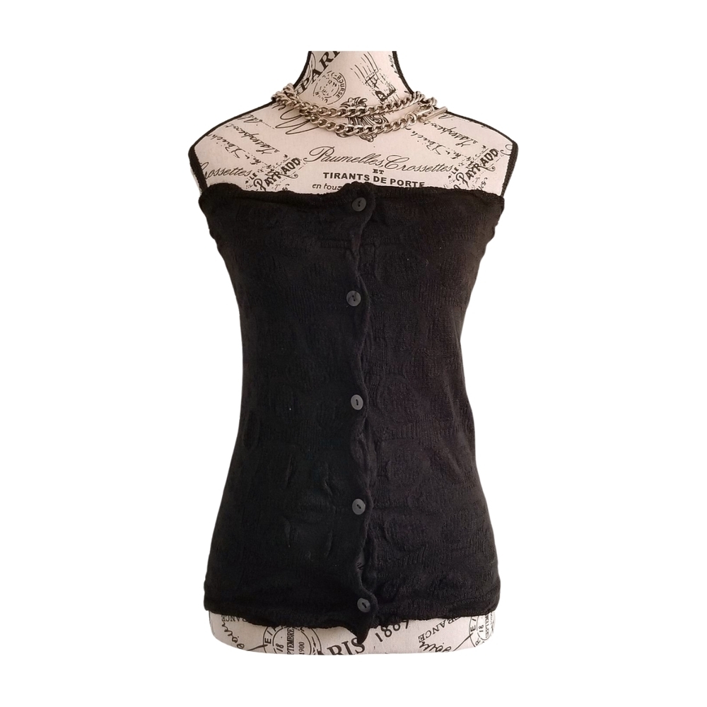 Lauren Vidal Merino Wool Button-Up Tube Top – Black Knit, Raw Edge Finish